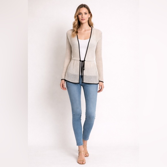 AX Armani Exchange Crochet Cardigan Cream Black Tie Front Open Knit Size M